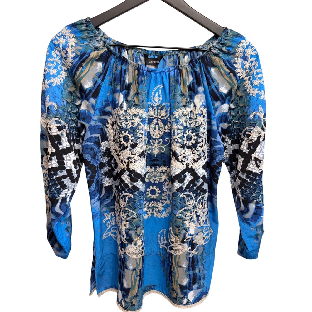 Ali Miles Peasant Blouse Womens Small Boho Blue Multi Embroidered 3/4 Sleeve Top